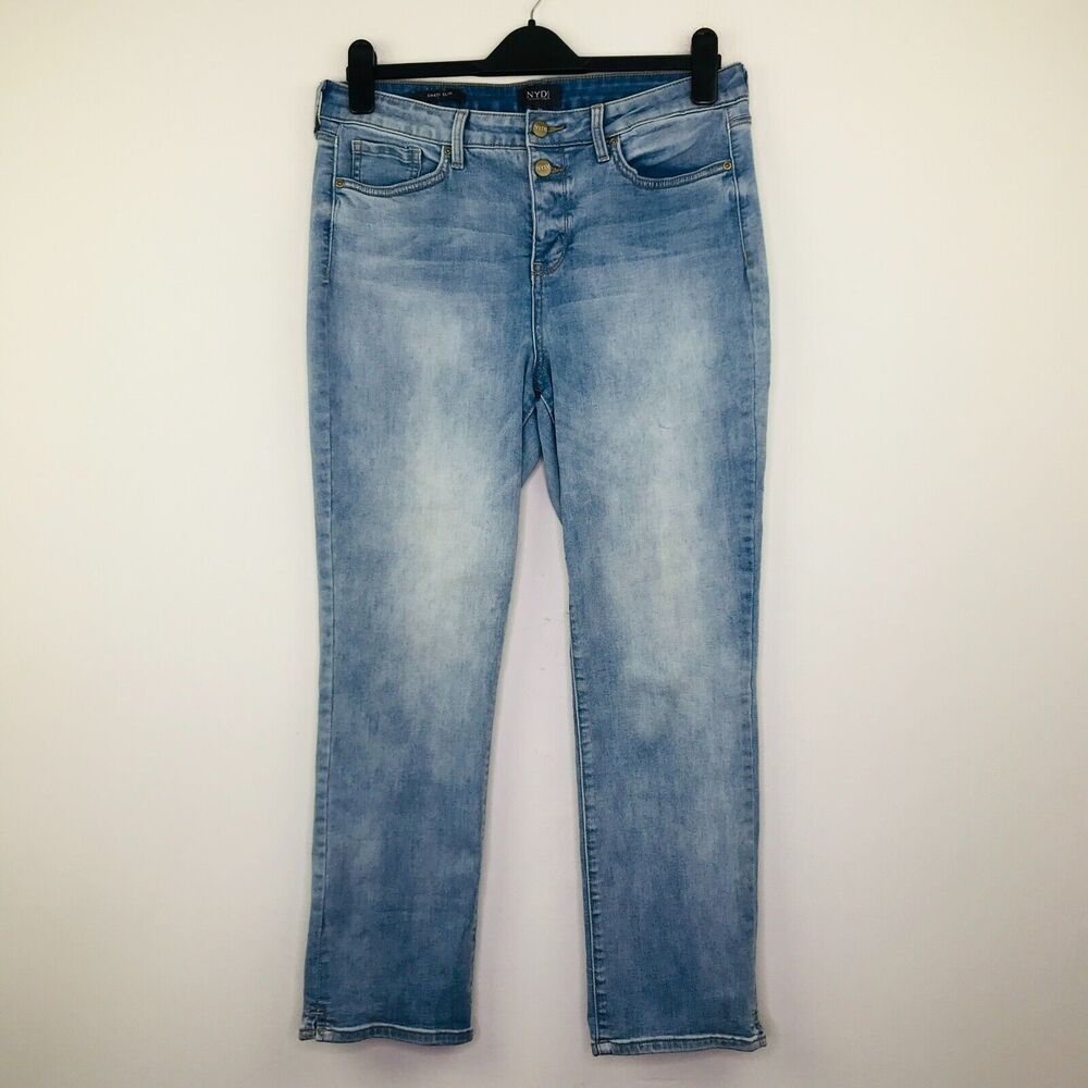NYDJ Women's 10 Jeans Blue Light Wash Sheri Slim Straight Lift Tuck Button Fly O